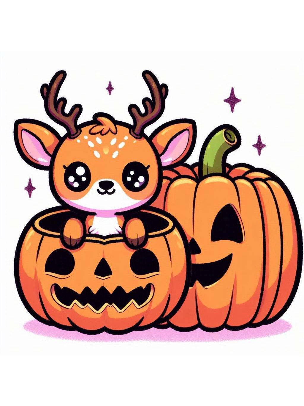 halloween cute animals drawings of a deer peeking over two carved pumpkins, looking cute and festive.